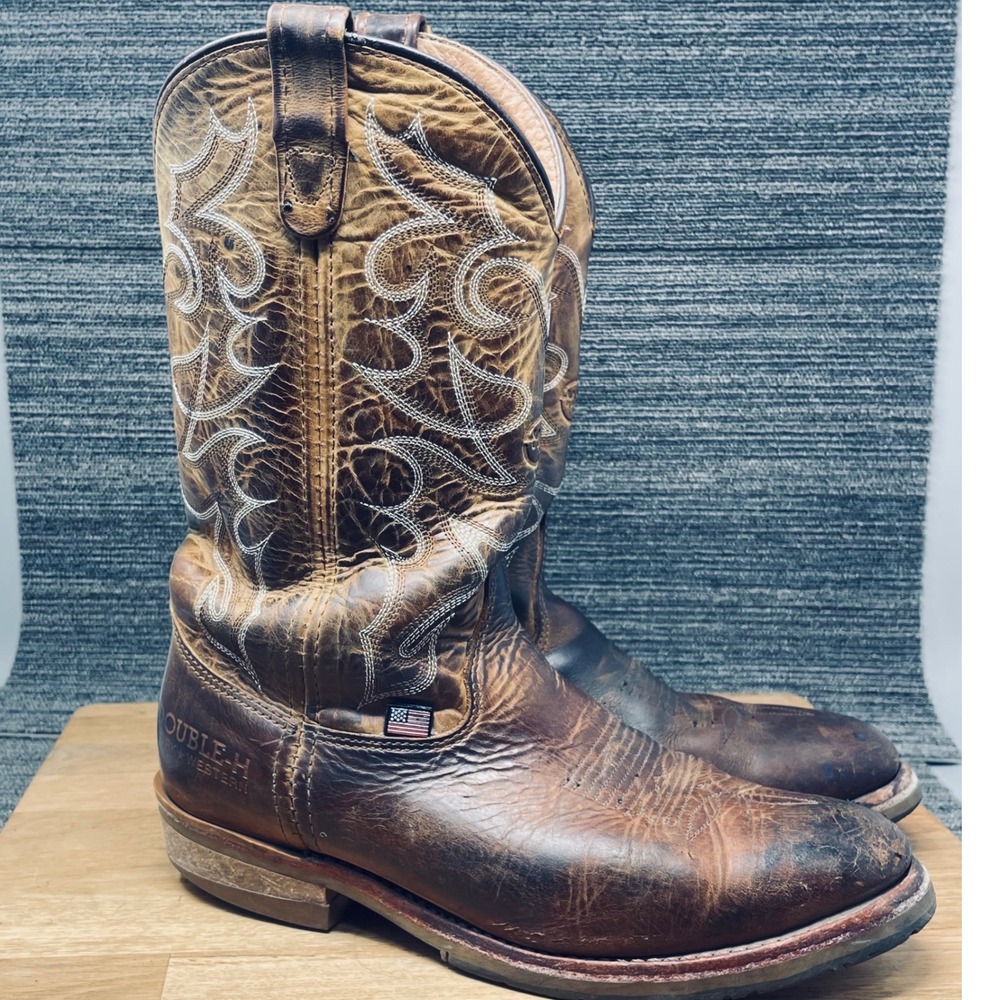 Double-H Western Work Boots Men 10 D Brown Leather EH SR Union Made Soft Toe USA